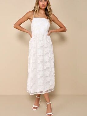 Lulu's White 3D Floral Midi Dress with Spaghetti Straps
